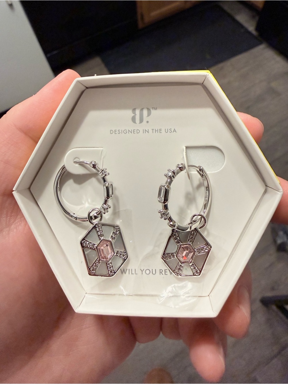 Drop dead gorgeous Silver Hoop Earrings with Pink Gem Hexagon Drop